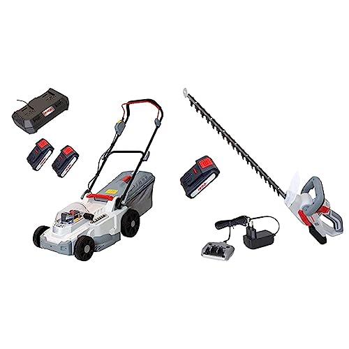 IKRA Akku Rasenmäher Mulchmäher ICM 2/2037 Mit 2 Akkus, Doppel-Schnellladegerät & Heckenschere IAHS 20-1, 20V Ladestation, Schnittlänge 54cm von IKRA