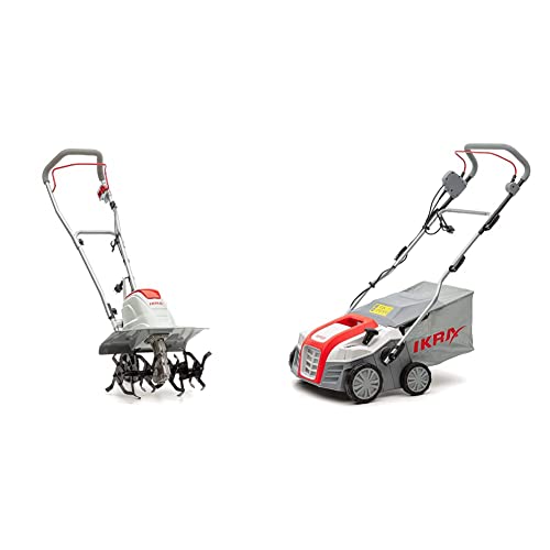 IKRA Elektro Bodenhacke Kultivator FEM1500, Arbeitsbreite 17-45cm, Arbeitstiefe bis 23cm & Elektro Vertikutierer Rasenlüfter IEVL 1840 Fangkorb 55l Arbeitsbreite 40cm Grau/ Rot/ Schwarz von IKRA