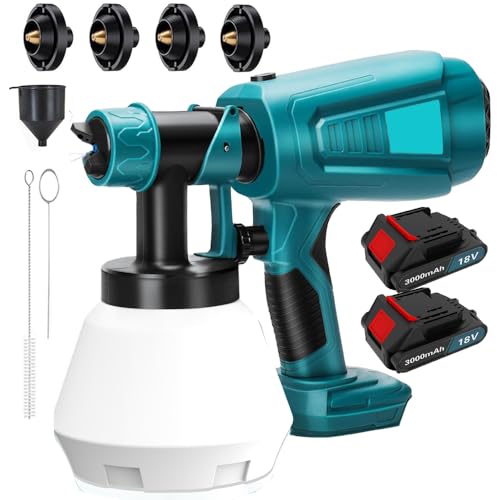 Akku Farbsprühsystem, (2X 3000mAh Akku und Ladegerät), Kompatibel mit Makita BL1840 BL1850b, Elektro Lackierpistole mit 4 Düsen, 3 Spritzmuster, mit Abnehmbarem 1000ml-Farbeimer, zum Streichen von IKUNQUAN