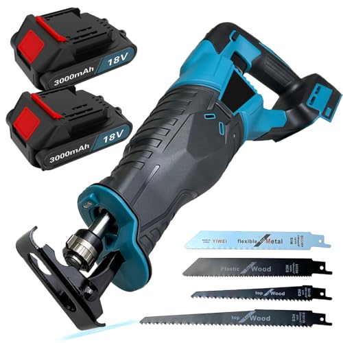 Akku-Säbelsäge mit 2 3,0Ah Akkus, kompatibel mit Makita 18V Akku BL1850b DJR186ZK, mit 4 Sägeblättern, 3500 U/min, säbelsägen mit variabler Geschwindigkeit zum Schneiden von Holz, Metall und PVC von IKUNQUAN