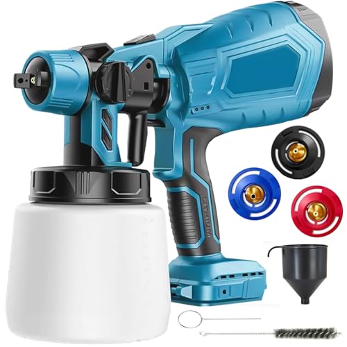 Akku farbsprühsystem Elektrisches farbsprühgerät kompatibel mit Makita 18V Akkus, 1000ml Elektro Lackierpistole mit 3 Düsen, 3 Sprühmuster, zum Streichen von Wänden Gartenzaun (ohne Akku) von IKUNQUAN
