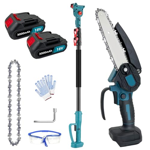 Mini Kettensäge mit 2pcs Akku 3000mAh Und Ladegerät, 6 Zoll Mini Kettensäge Elektro mit Teleskopstange 1,3-2,5m, Handkettensäge Akku für Gartenscheren Astschere Holzschneidenz von IKUNQUAN