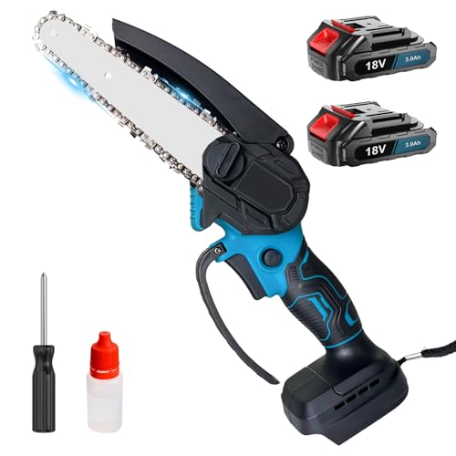 Mini Kettensäge mit Akku, 6 Zoll Akku Kettensäge mit 2 Akkus(3000mAh) und 2 Ketten, Sicherheitsverriegelung, Handsäge elektrisch für Gartenscheren Astschere Holzschneidenz von IKUNQUAN