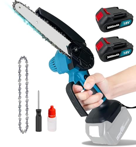 Mini Kettensäge mit Akku, 6 Zoll Akku Stsäge mit 2x 3000mAh Akkus und Ketten, Mit Sicherheitsverriegelung und leistungsstarkem Motor, Handkettensäge Akku für Gartenscheren Astschere Holzschneidenz von IKUNQUAN