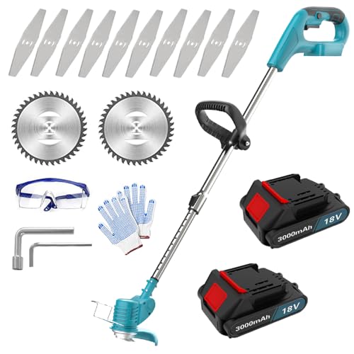 Rasentrimmer, Ersatz für Makita 18V DUR181Z, Freischneider Leichter Rasenmäherschneider für Rasenschneiden, Mit Spule Verstellbarer Teleskop-Führungsholm, kompatibel mit Makita Akku, mit 2X Akkus von IKUNQUAN
