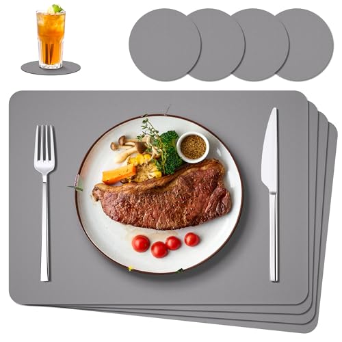 IKWOLETI Tischsets Abwaschbar mit Untersetzer - 4er Set Platzsets Abwaschbar aus Leder - Doppelseitige Platzdeckchen in Lederoptik - Ideal für Küche und Büro Hellgrau von IKWOLETI