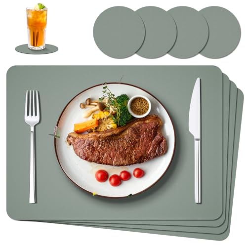 IKWOLETI Tischsets Abwaschbar mit Untersetzer - 4er Set Platzsets Abwaschbar aus Leder - Doppelseitige Platzdeckchen in Lederoptik - Ideal für Küche und Büro Salbeigrün von IKWOLETI