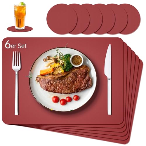 IKWOLETI Tischsets Abwaschbar mit Untersetzer - 6er Set Platzsets Abwaschbar aus Leder - Doppelseitige Platzdeckchen in Lederoptik - Ideal für Küche und Büro Bordeaux IKWOLETI Tischsets Abwaschbar mit Untersetzer - 6er Set Platzsets Abwaschbar aus Leder - Doppelseitige Platzdeckchen in Lederoptik - Ideal für Küche und Büro Bordeaux von IKWOLETI