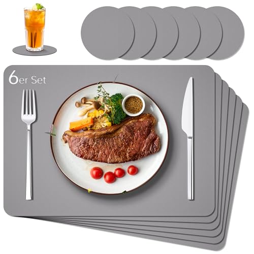 IKWOLETI Tischsets Abwaschbar mit Untersetzer - 6er Set Platzsets Abwaschbar aus Leder - Doppelseitige Platzdeckchen in Lederoptik - Ideal für Küche und Büro Hellgrau von IKWOLETI