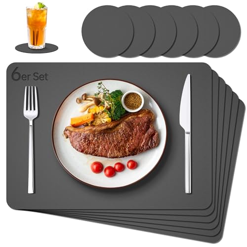 IKWOLETI Tischsets Abwaschbar mit Untersetzer - 6er Set Platzsets Abwaschbar aus Leder - Doppelseitige Platzdeckchen in Lederoptik - Ideal für Küche und Büro Dunkelgrau IKWOLETI Tischsets Abwaschbar mit Untersetzer - 6er Set Platzsets Abwaschbar aus Leder - Doppelseitige Platzdeckchen in Lederoptik - Ideal für Küche und Büro Dunkelgrau von IKWOLETI