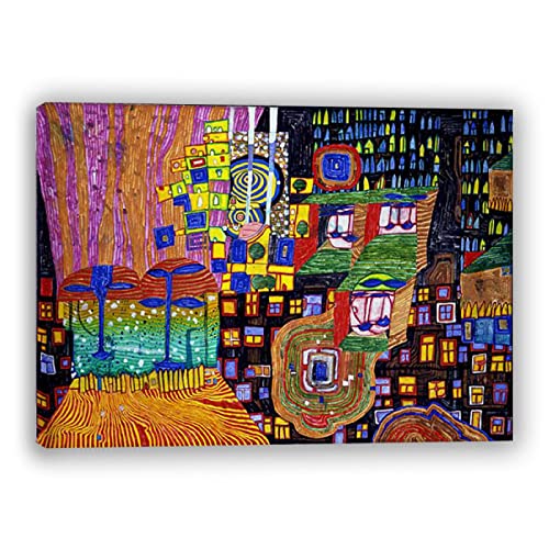 Friedensreich Hundertwasser Berühmte Gemälde auf Leinwand. (992 Stadtansicht) Reproduktion auf Leinwand, Wandkunst, Bilder für Heimdekoration. Holzrahmen 40 x 60 cm (15,8 x 23,7 Zoll) gerahmt von IKYE