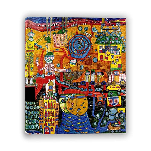 Friedensreich Hundertwasser Berühmte Gemälde auf Leinwand. (Days Fax Painting) Reproduktion auf Leinwand, Wandkunst, Bilder für Heimdekoration. Holzrahmen 60 x 78 cm (23,6 x 30,7 Zoll) gerahmt von IKYE