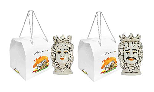 ILAB Paar Brombeerköpfe Mann und Frau weiße Früchte aus Keramik Nicaré mit handverziertem Etui von sizilianischen Töpfern Art. 815,814 von ILAB