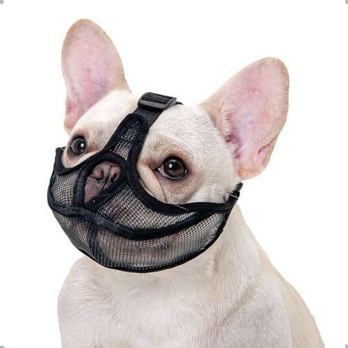 Französische Bulldogge Maulkorb, Won't Cover Stirn Hund Maulkorb für Kurze Schnauze Hund, einstellbare Atmung Mesh, Anti Biting Kauen Bellen(S,Schwarz) von ILEPARK
