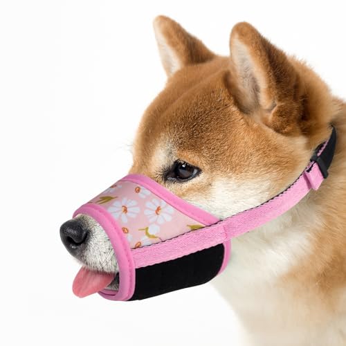 ILEPARK Maulkorb für Hunde, Maulkorb aus weichem Nylon mit Motiv, Anti-Biss, Anti-Bellen, Anti-Kläffen für kleine, mittlere und große Hunde (XL,Rosa Blume) von ILEPARK