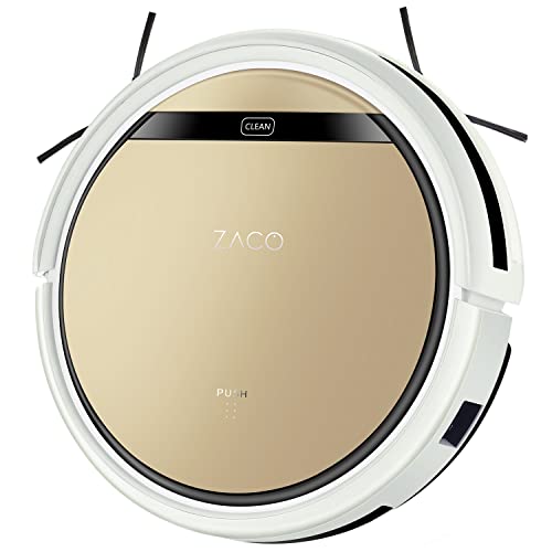 ZACO V5sPro Saugroboter mit Wischfunktion, automatischer Staubsauger Roboter, 2in1 nass Wischen bis zu 180qm oder Staubsaugen, für Hartböden, Fallschutz, beutellos, mit Ladestation, 22W, 300ml, Gold von ZACO