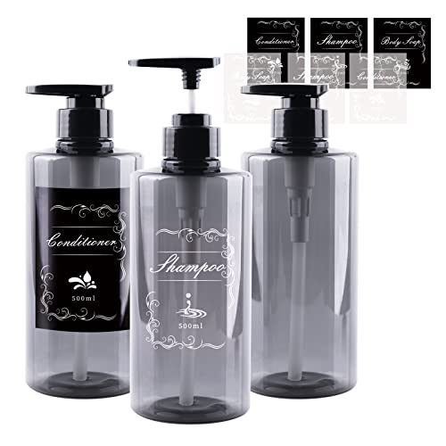 ILIKEPOW 3Stück Pumpspender,500 ml Seifenspender Pumpflaschen, Duschgelspender Flasche zum Befüllen, Refillable Lotion Dispenser mit Etikett für Dusche Lotionen Shampoos-Grau von ILIKEPOW