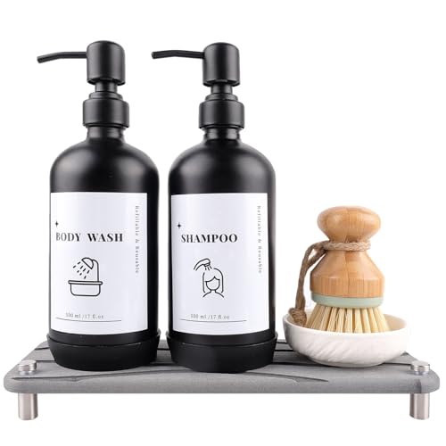 ILIKEPOW Glas Seifenspender Set, 500ml Seifenspender Schwarz Matt mit Edelstahlpumpe, Diatomeen, Tablett, Bambusbürst & Aufkleber, Nachfüllbarer Spender für Spülmittel, Shampoo & Duschgel, 2 Stück von ILIKEPOW