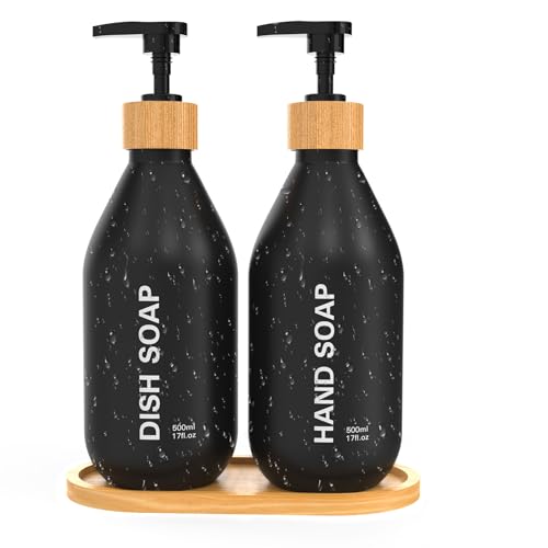 ILIKEPOW 500ml Seifenspender Set, Schwarz Matt Spülmittelspendermit Bambus Pump et Tablett, Handseifen, Spülmittel, Lotion & Shampoo Spender, Nachhaltig für Küche, Bad & Dusche von ILIKEPOW