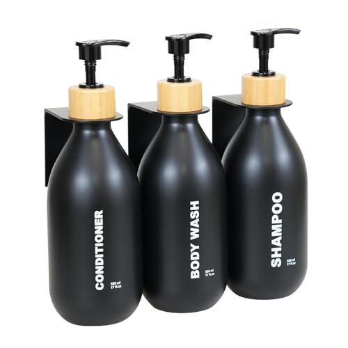 ILIKEPOW Seifenspender Wandbefestigung Set - 500 ml Handseifenspender mit Rutschfester Oberfläche für Handseifen, Shampoos und Lotionen für das Badezimmer Mattes Schwarz von ILIKEPOW