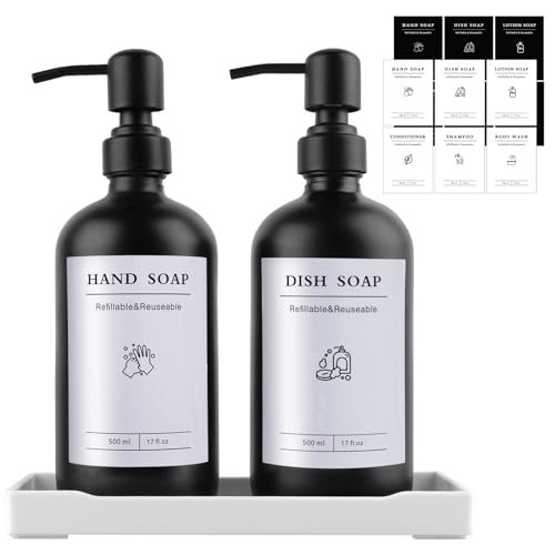 ILIKEPOW Glas Seifenspender Set, 500ml Seifenspender Schwarz Matt mit Edelstahl pumpe, Tablett & Aufkleber, Nachfüllbarer Handseifenspender für Spülmittel, Shampoo & Duschgel von ILIKEPOW