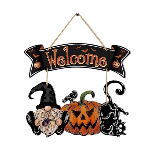 ILJXPOZB 2 Stück Halloween-Willkommensschild-Dekor – Festlicher Türhänger Mit Gnom, Kürbis, Schwarzer Katze Und Fledermäusen for Die Herbstsaison von ILJXPOZB