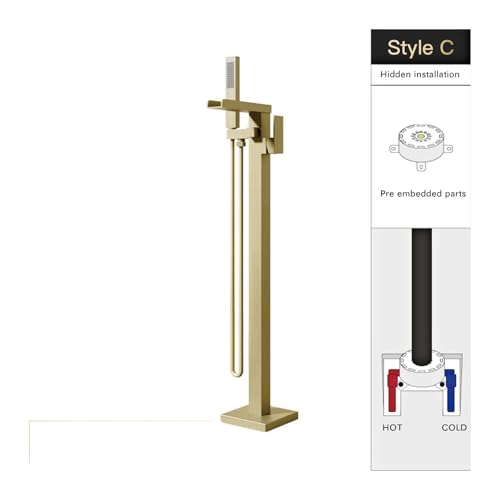 Luxuriöser, Bodenstehender Badezimmerhahn Aus Schwarzem Messing – Wasserfall-Design, Warm- Und Kaltwasser-Badewannenmischer(Brushed Gold C) von ILJXPOZB
