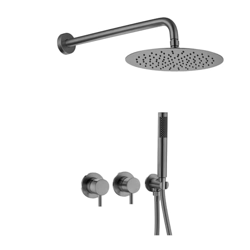 Luxuriöses Duschkopfsystem Zur Wandmontage In Gun Grey – Minimalistisches Design Mit Doppelgriff-Heiß- Und Kaltwasserhahn(Brushed Grey) von ILJXPOZB