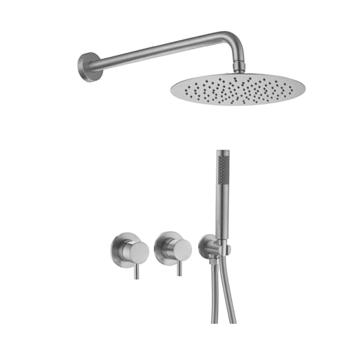 Luxuriöses Duschkopfsystem Zur Wandmontage In Gun Grey – Minimalistisches Design Mit Doppelgriff-Heiß- Und Kaltwasserhahn(Brushed Nickel) von ILJXPOZB