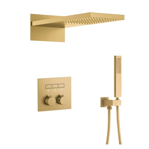 Luxuriöses Thermostatisches Duschsystem Aus Messing In Gun Grey – Wandmontierter Warm- Und Kaltwasserhahn For Badezimmer(Brushed Gold 3) von ILJXPOZB