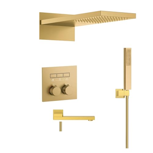 Luxuriöses Thermostatisches Duschsystem Aus Messing In Gun Grey – Wandmontierter Warm- Und Kaltwasserhahn For Badezimmer(Brushed Gold 4) von ILJXPOZB