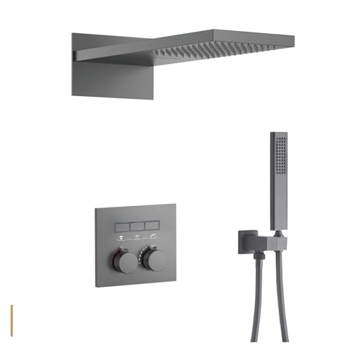 Luxuriöses Thermostatisches Duschsystem Aus Messing In Gun Grey – Wandmontierter Warm- Und Kaltwasserhahn For Badezimmer(Brushed Grey 3) von ILJXPOZB