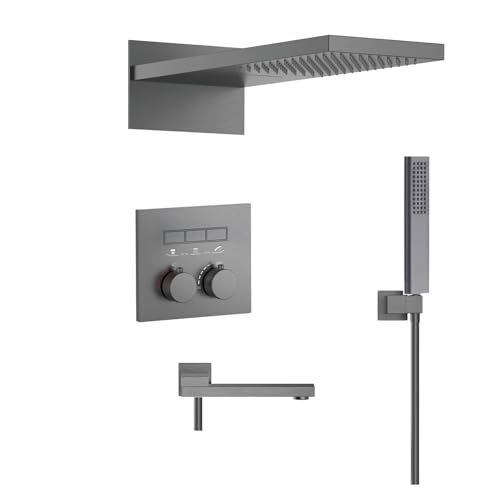 Luxuriöses Thermostatisches Duschsystem Aus Messing In Gun Grey – Wandmontierter Warm- Und Kaltwasserhahn For Badezimmer(Brushed Grey 4) von ILJXPOZB