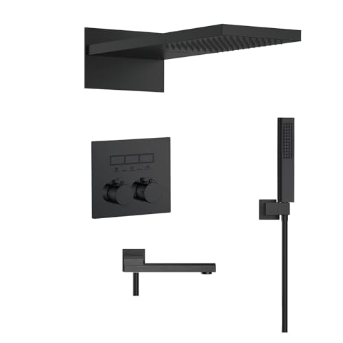 Luxuriöses Thermostatisches Duschsystem Aus Messing In Gun Grey – Wandmontierter Warm- Und Kaltwasserhahn For Badezimmer(Matte Black 4) von ILJXPOZB