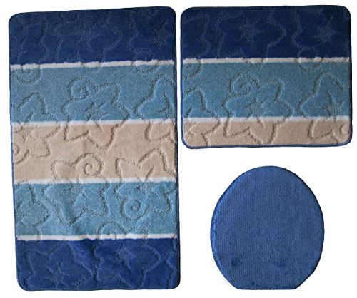 ILK Gökyildiz Bad Teppich Set Orion Muster 50cm X 80cm ohne Ausschnitt gerade für Hänge WC (Royalblau Blau Beige) von ILK