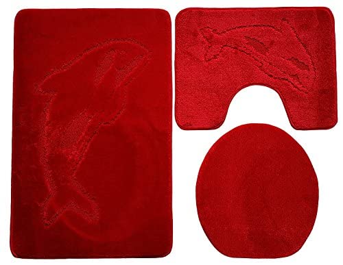 ILK Gökyildiz Delphin Bad Teppich Set 3 Teilig 55cm X 85cm mit Auschnit für Stand WC (Rot) von ILK