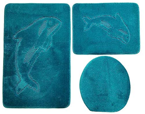 ILK Gökyildiz Delphin Bad Teppich Set 3 Teilig 55cm X 85cm ohne Auschnit gerade für Hänge WC (Türkis) von ILK