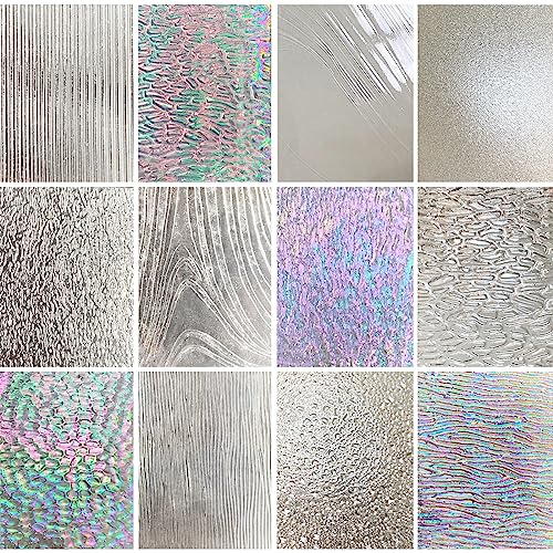 ILLUCKAI 12 Blatt klar strukturierte Buntglasplatte, 10,2 x 15,2 cm, regenbogenfarbene schillernde Kathedrale, Kunstglas, verschiedene Texturen, Buntglaszubehör für Buntglasprojekte und von ILLUCKAI