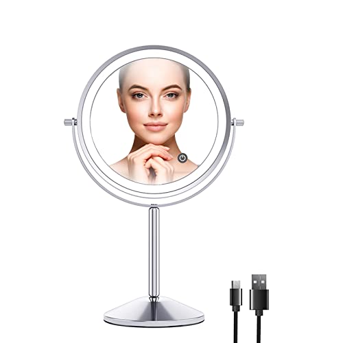 ILLUMAXINF LED Beleuchtet Kosmetikspiegel 5 Fach Vergrößerung, 360°Drehung Schminkspiegel mit Beleuchtung 3 Lichtfarben, Touchschalter Spiegel rund für Badezimmer und Zuhause von ILLUMAXINF