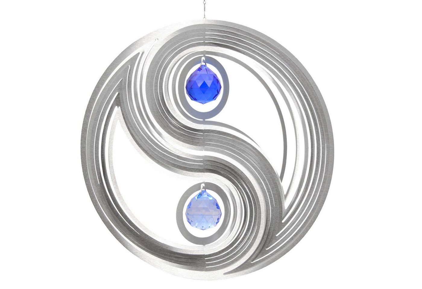 ILLUMINO Windspiel Edelstahl Windspiel Yin Yang -L mit saphirblauer und kobaltblauer 30mm Kristallkugel Metall Windspiel für Garten und Wohnung Gartendeko Wohn und Fenster Deko von ILLUMINO