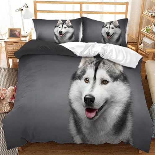 ILMIRA Bettwäsche 135x200 Grauer Husky Bettwäsche 3 Teilig Traumhaft Weich Allergiker Mikrofaser Einzelbett Bettbezug mit Reisverschluss für Kinder und Erwachsene und 2 Kissenbezug 80x80 cm von ILMIRA