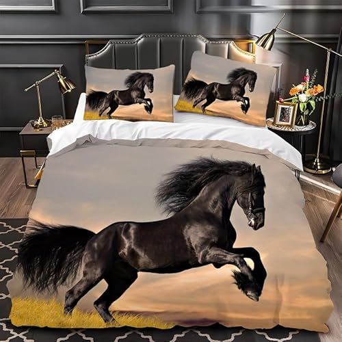 ILMIRA Bettwäsche 135x200 Schwarzes Pferd Bettwäsche Set 3 Teilig Weich Mikrofaser Bettbezug 135 x 200 mit Reisverschluss, Bettbezüge und 2 Kissenbezug 80x80 cm von ILMIRA