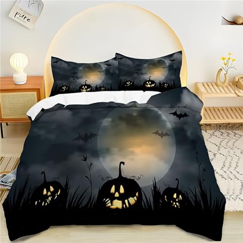 ILMIRA Bettwäsche 200x200 3 Teilig Halloween-KüRbis Bettwäsche Set Atmungsaktive Weich Bettbezug 200x200 in Microfaser, 3D Bettbezüge mit 2 Kopfkissenbezug 80x80 cm von ILMIRA