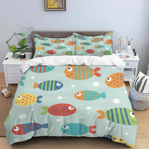 ILMIRA KinderbettwäSche 135x200 GrüNer Fisch Bettwäsche-Set 3 Teilig Traumhaft Weich Allergiker Mikrofaser Einzelbett, Bettbezug mit Reisverschluss und 2 Kissenbezug 80x80 cm von ILMIRA