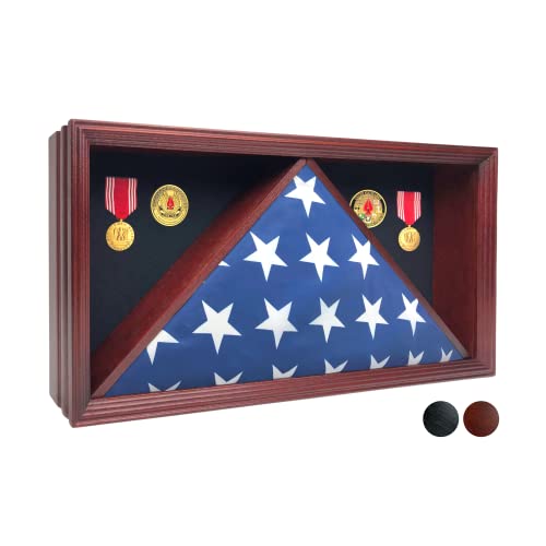 ILOT Militärische Schattenbox – Massivholz-Flaggenetui für amerikanische Flagge, samtartiges Filzfutter für Medaillen und poliertes Plexiglas (Mahagoni), passt nicht auf eine Grabflagge von ILOT