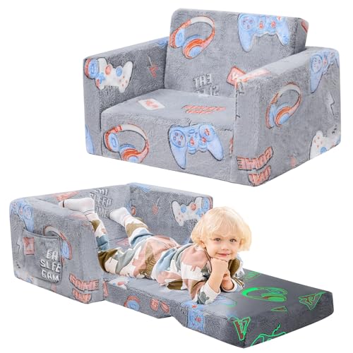ILPEOD Kleinkind-Stuhl bequem, Spiel-Kindercouch, 2-in-1, weiche Kleinkind-Couch ausklappbar, umwandelbares Sofa zu Liege von ILPEOD