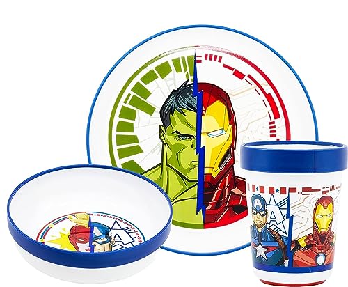 Kindergeschirr Set zweifarbig - 3-teiliges Kindergeschirr-Set bestehend aus: Teller, Schüssel und Becher für Kinder - Babygeschirr-Set mit rutschfester Unterseite - BPA-frei AVENGERS von ILS I LOVE SHOPPING