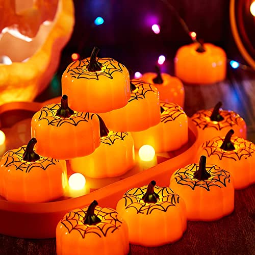 IMAGE 12 Stück Halloween Teelichter LED Kürbis Kerzen mit spinnennetz flackernde mini Orange Pumpkin Kerzen Party Außen Halloweendeko von IMAGE