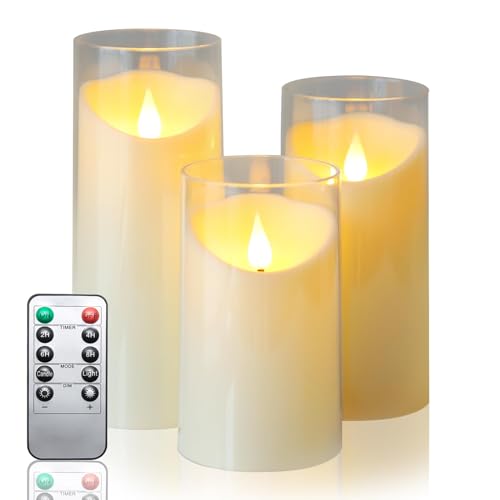 IMAGE LED Kerzen mit Fernbedienung Timer flackernde flammenlose Kerzen batteriebetrieben, Acryl Shell LED kerzen für Haus Tafel Hochzeit Weihnachten Dekoration, 3 Pack (D 3„×H 4“ 5„ 6“), Elfenbeinweiß von IMAGE