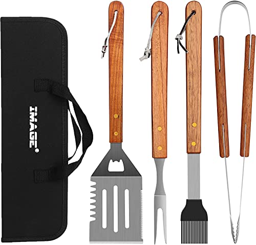 IMAGE 4 Stück BBQ Grill zubehör Hochwertiges Grillbesteck Set(mit Grillzange, Grillwender, Fleischgabel, Grillbürste und Tragetasche) Hinterhof Grillen & Camping Outdoor, Grill Geschenke für männer von IMAGE